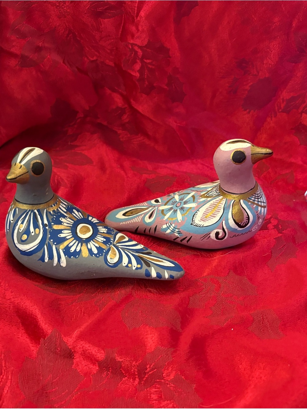 Handpainted Decorative Folk Art Birds - Blue & Pink